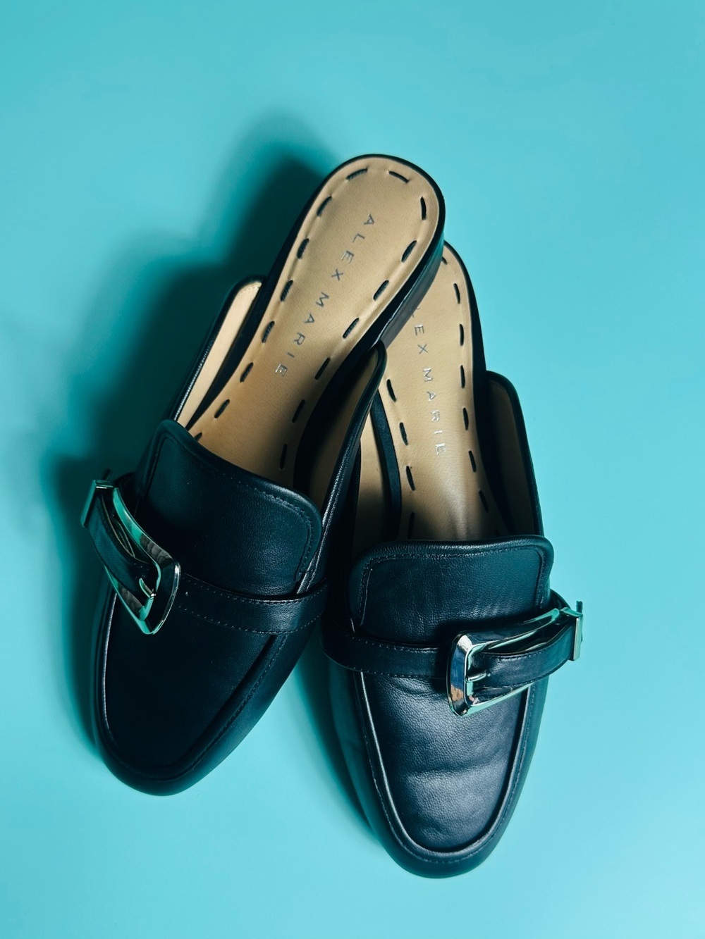 Alex Marie Black Leather Buckle Loafers